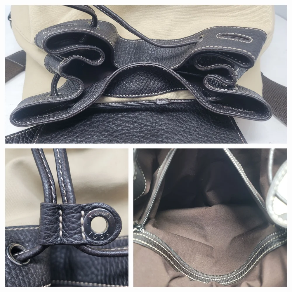Tod's Brown Leather Canvas Large Backpack Bag Authentic